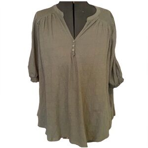 Free People Olive blouse / v-neck with buttons / ruched sleeves / large stretchy